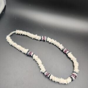 Vintage White Heishi Shell Necklace Purple Wampum Choker Barrel Clasp Boho